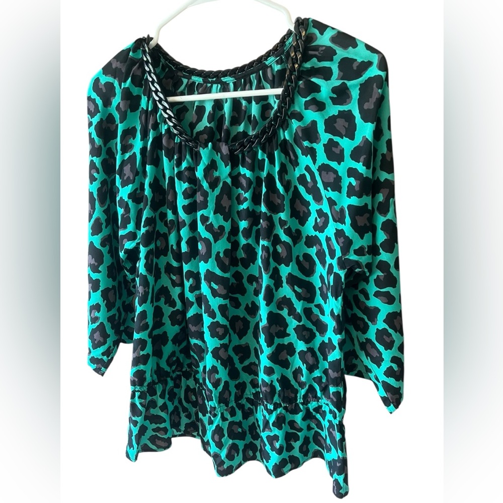 Turquoise and Black Leopard Print Blouse - Picture 11 of 14